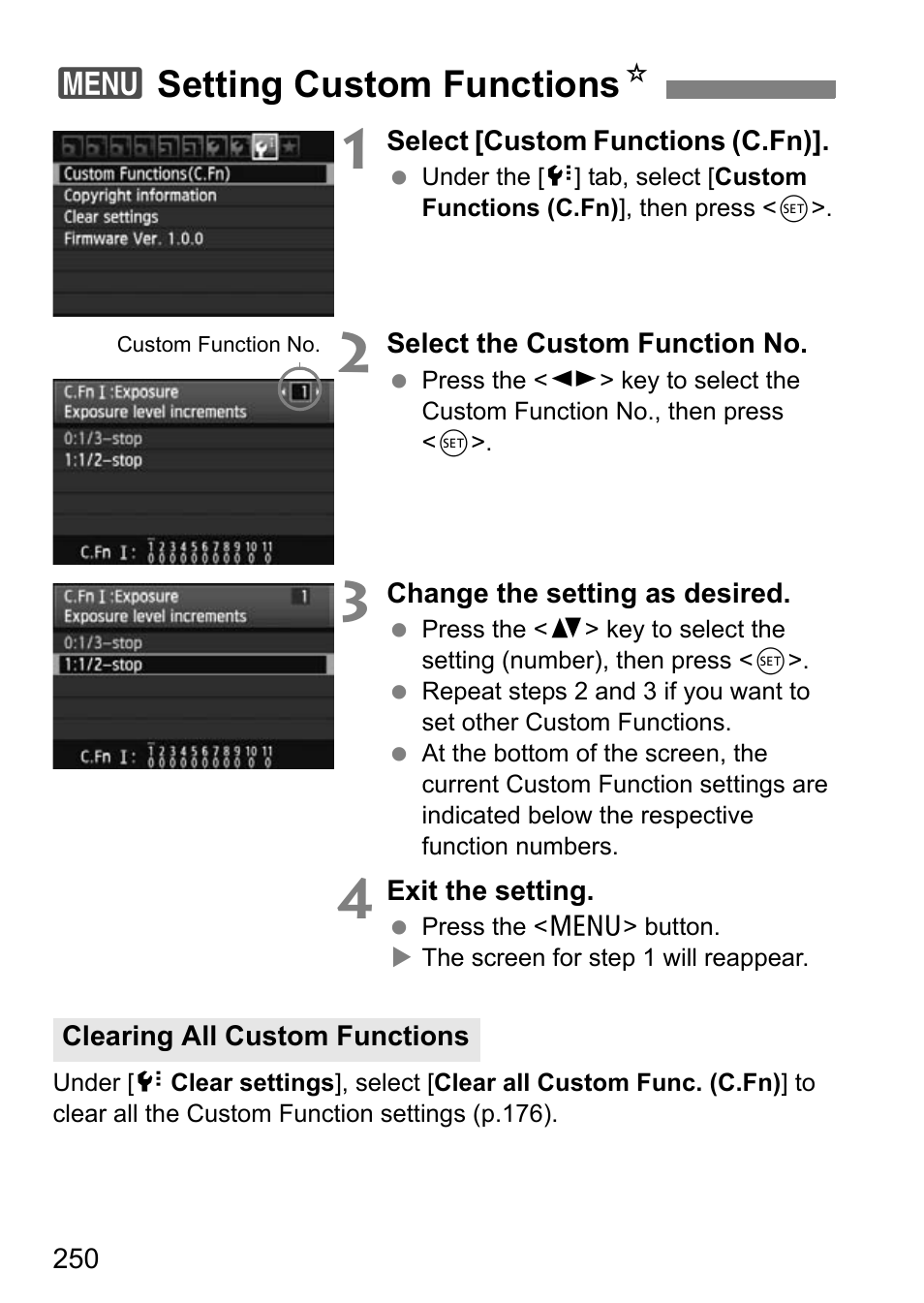 Setting custom functions, 3setting custom functions n | Canon EOS 600D User Manual | Page 250 / 328