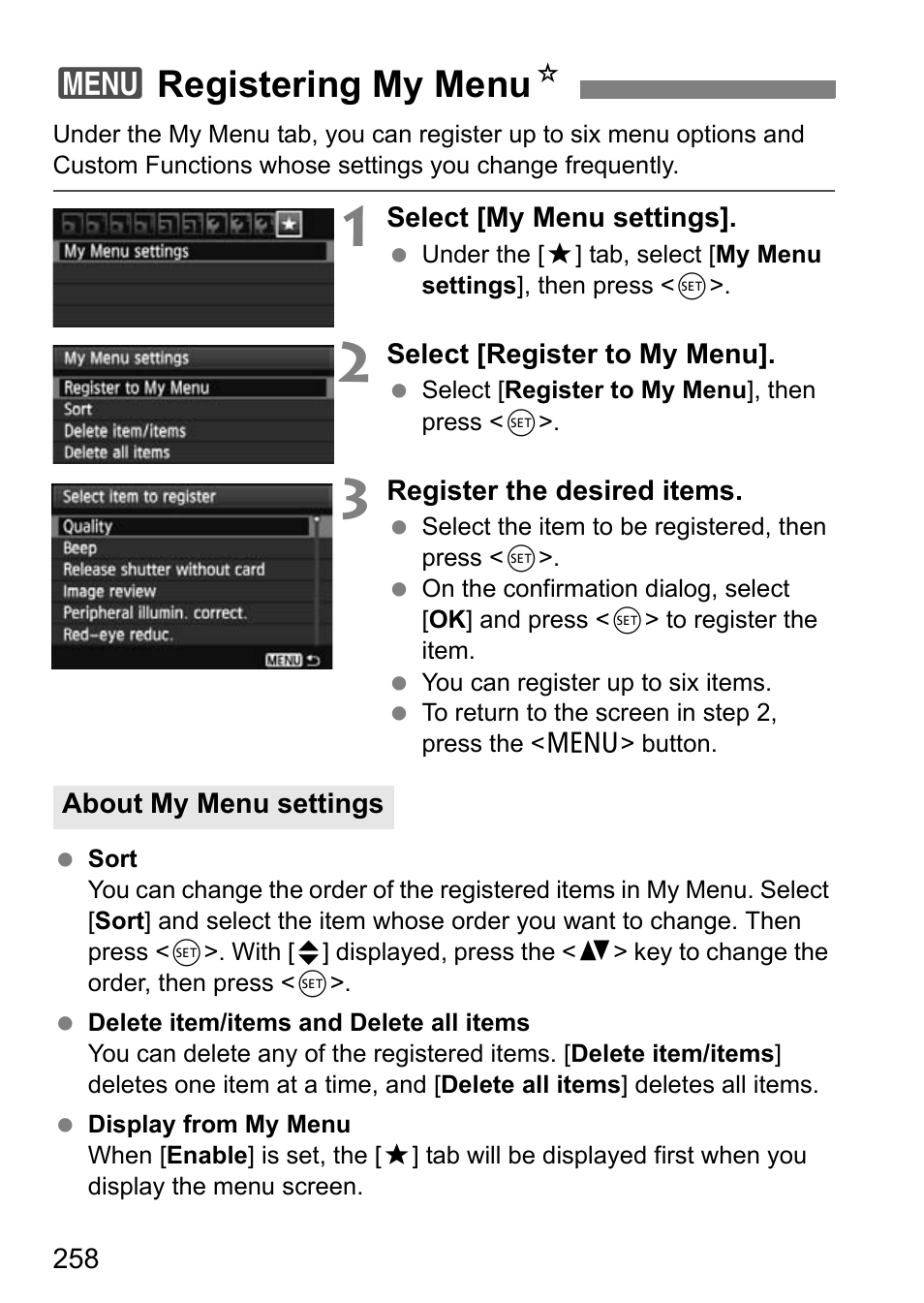 Registering my menu, 3registering my menu n | Canon EOS 600D User Manual | Page 258 / 328