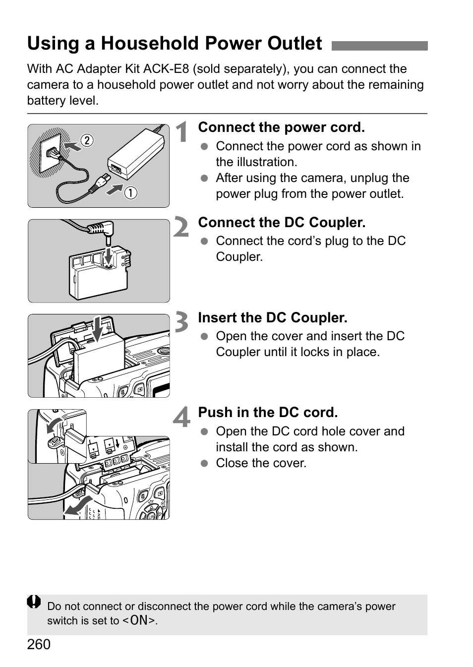 Using a household power outlet | Canon EOS 600D User Manual | Page 260 / 328