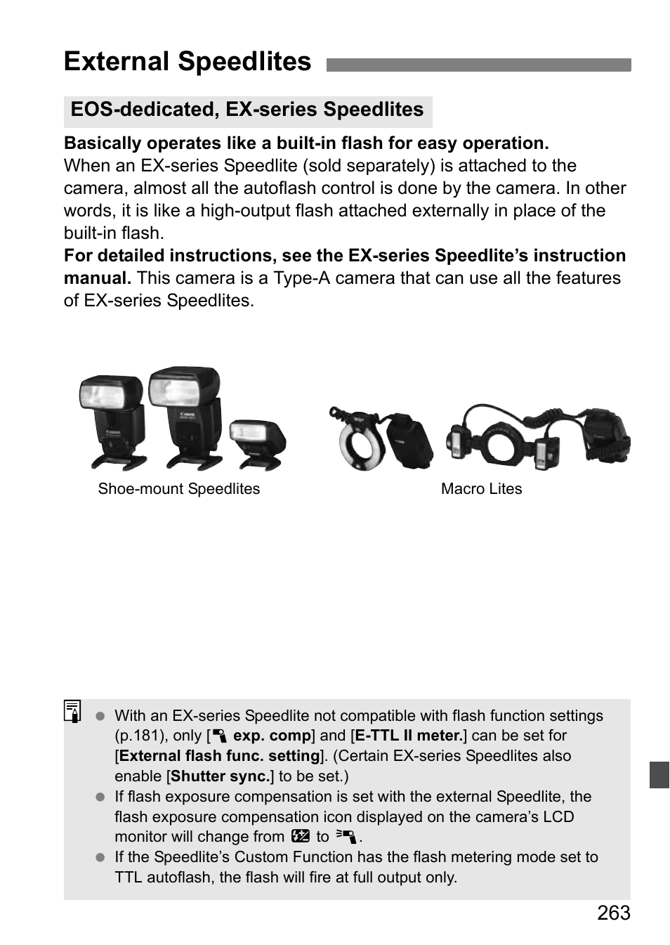 External speedlites, Eos-dedicated, ex-series speedlites | Canon EOS 600D User Manual | Page 263 / 328