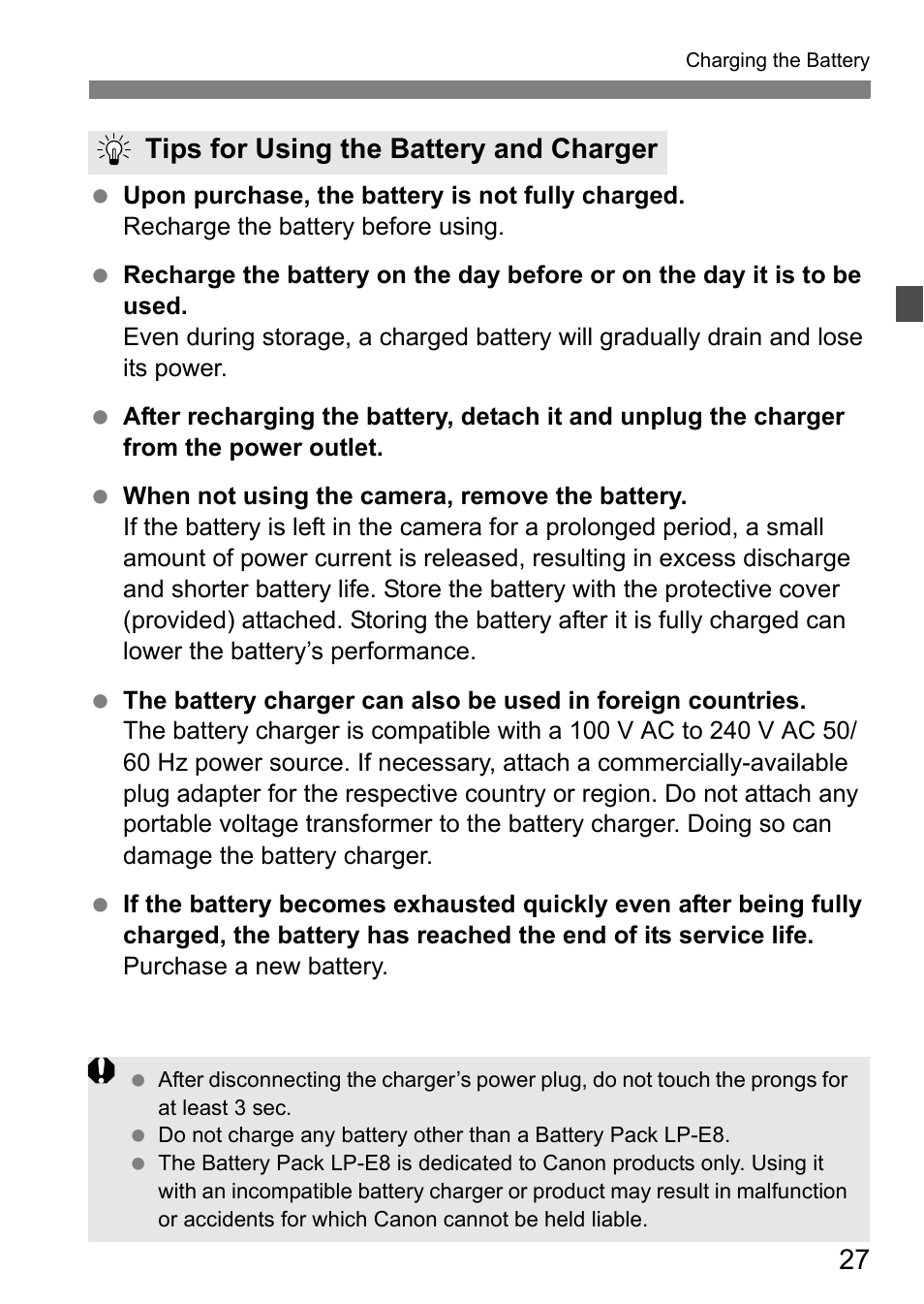 Tips for using the battery and charger | Canon EOS 600D User Manual | Page 27 / 328