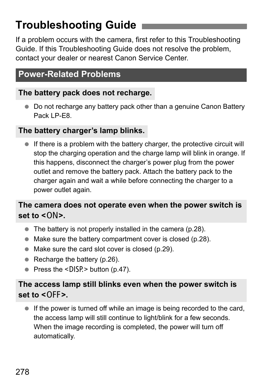 Troubleshooting guide, Power-related problems | Canon EOS 600D User Manual | Page 278 / 328