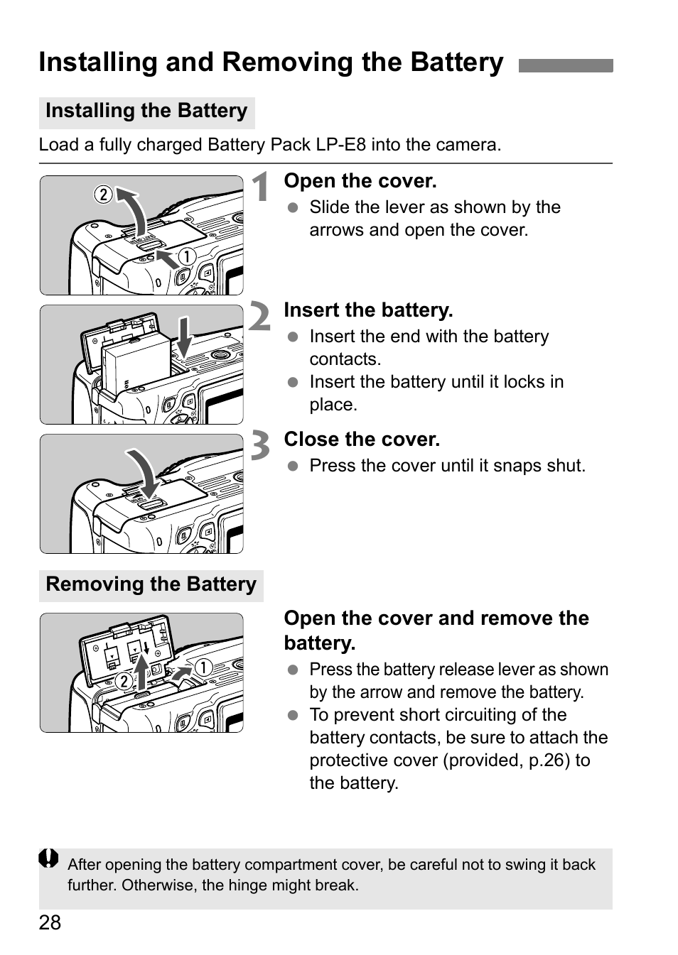 Installing and removing the battery | Canon EOS 600D User Manual | Page 28 / 328