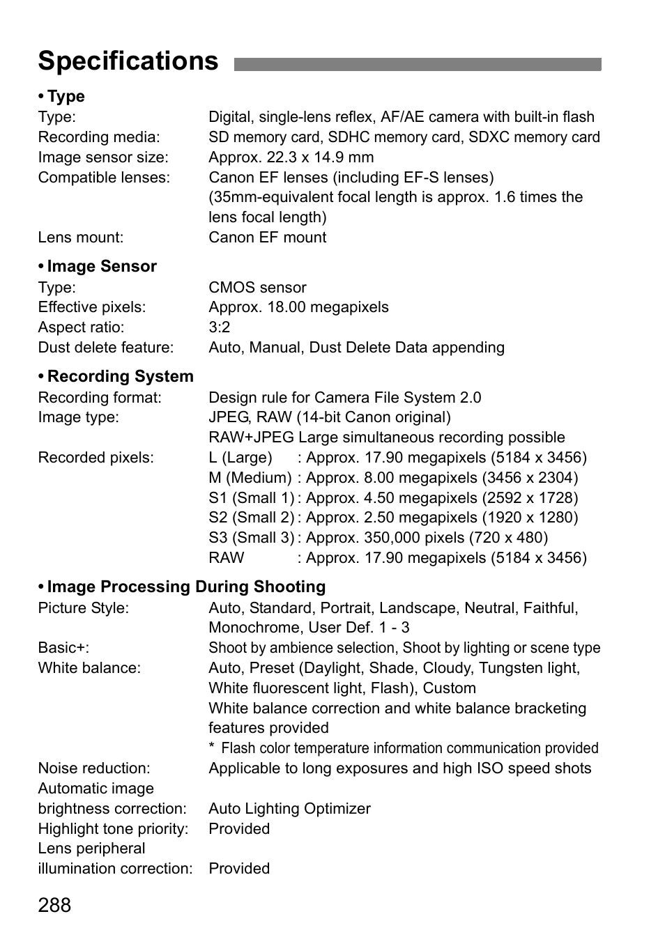 Specifications | Canon EOS 600D User Manual | Page 288 / 328