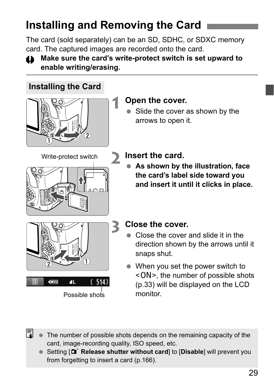 Installing and removing the card | Canon EOS 600D User Manual | Page 29 / 328