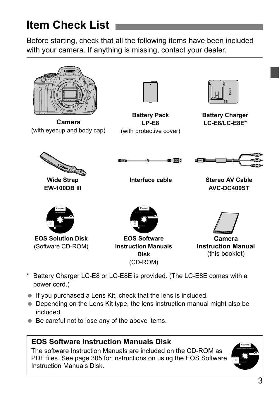 Item check list, Eos software instruction manuals disk, Camera | Camera instruction manual (this booklet) | Canon EOS 600D User Manual | Page 3 / 328