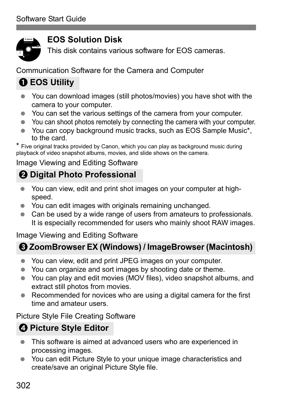 Eos solution disk, Software start guide, Image viewing and editing software | Picture style file creating software | Canon EOS 600D User Manual | Page 302 / 328