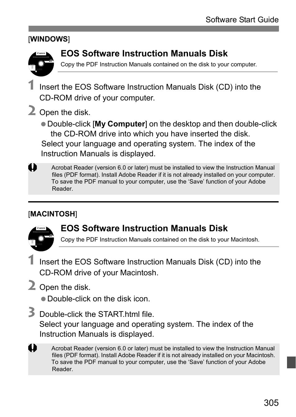 Eos software instruction manuals disk, Software start guide, Open the disk. double-click on the disk icon | Windows, Macintosh | Canon EOS 600D User Manual | Page 305 / 328