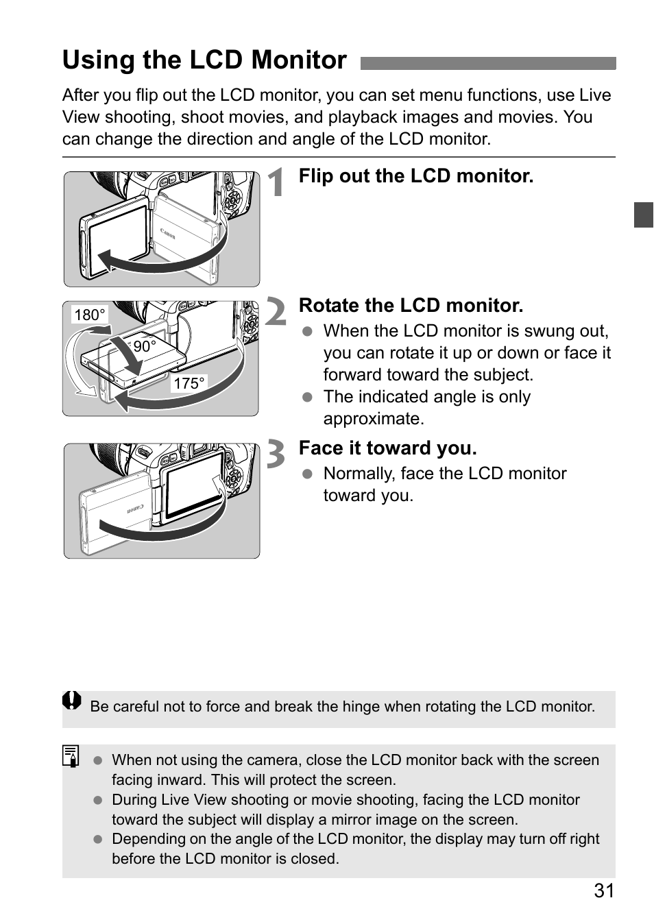 Using the lcd monitor | Canon EOS 600D User Manual | Page 31 / 328