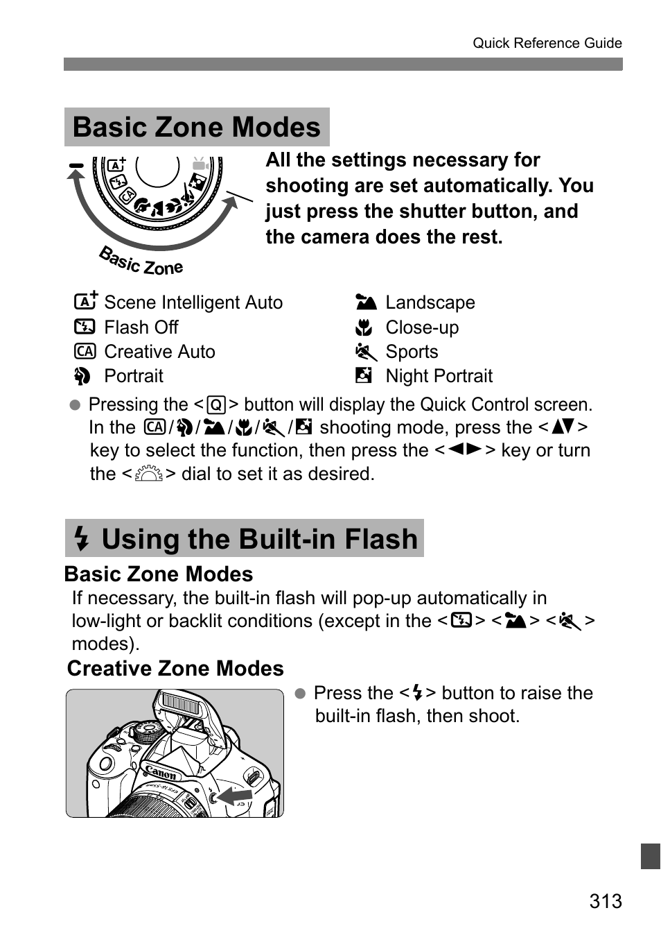 Basic zone modes, D using the built-in flash | Canon EOS 600D User Manual | Page 313 / 328
