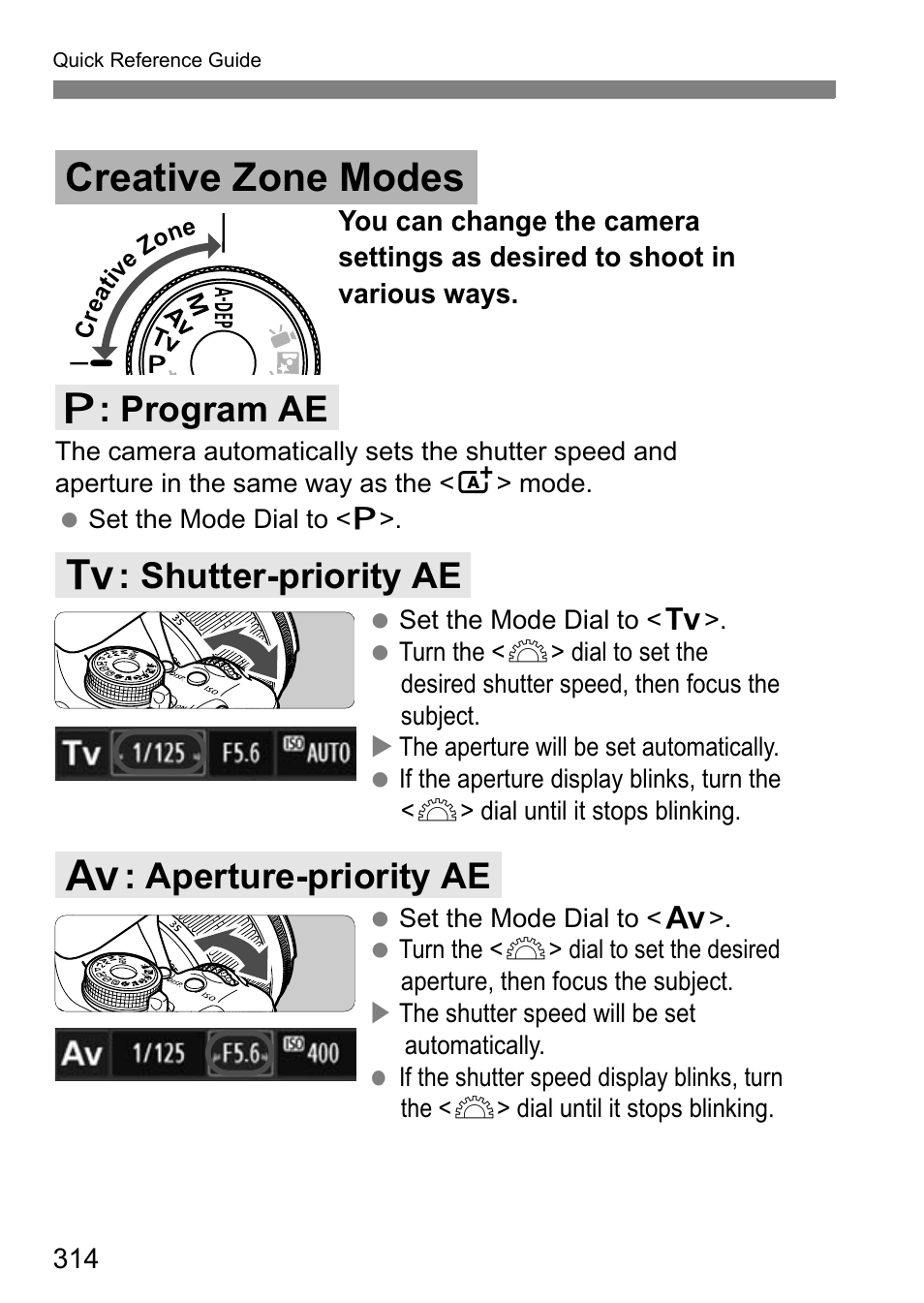 Creative zone modes, D : program ae, S : shutter-priority ae f : aperture-priority ae | Canon EOS 600D User Manual | Page 314 / 328