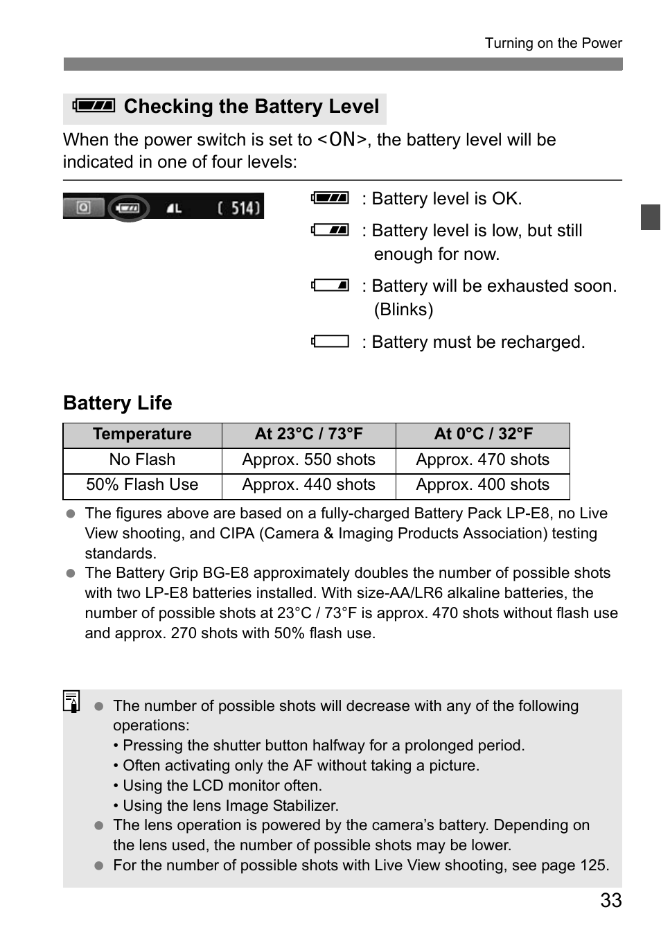 Battery life, Zchecking the battery level | Canon EOS 600D User Manual | Page 33 / 328