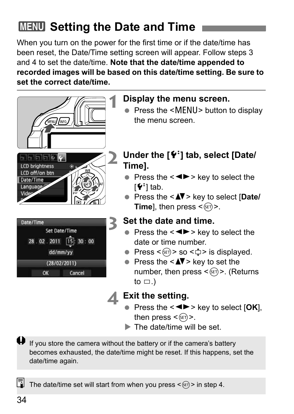 Setting the date and time, 3setting the date and time | Canon EOS 600D User Manual | Page 34 / 328