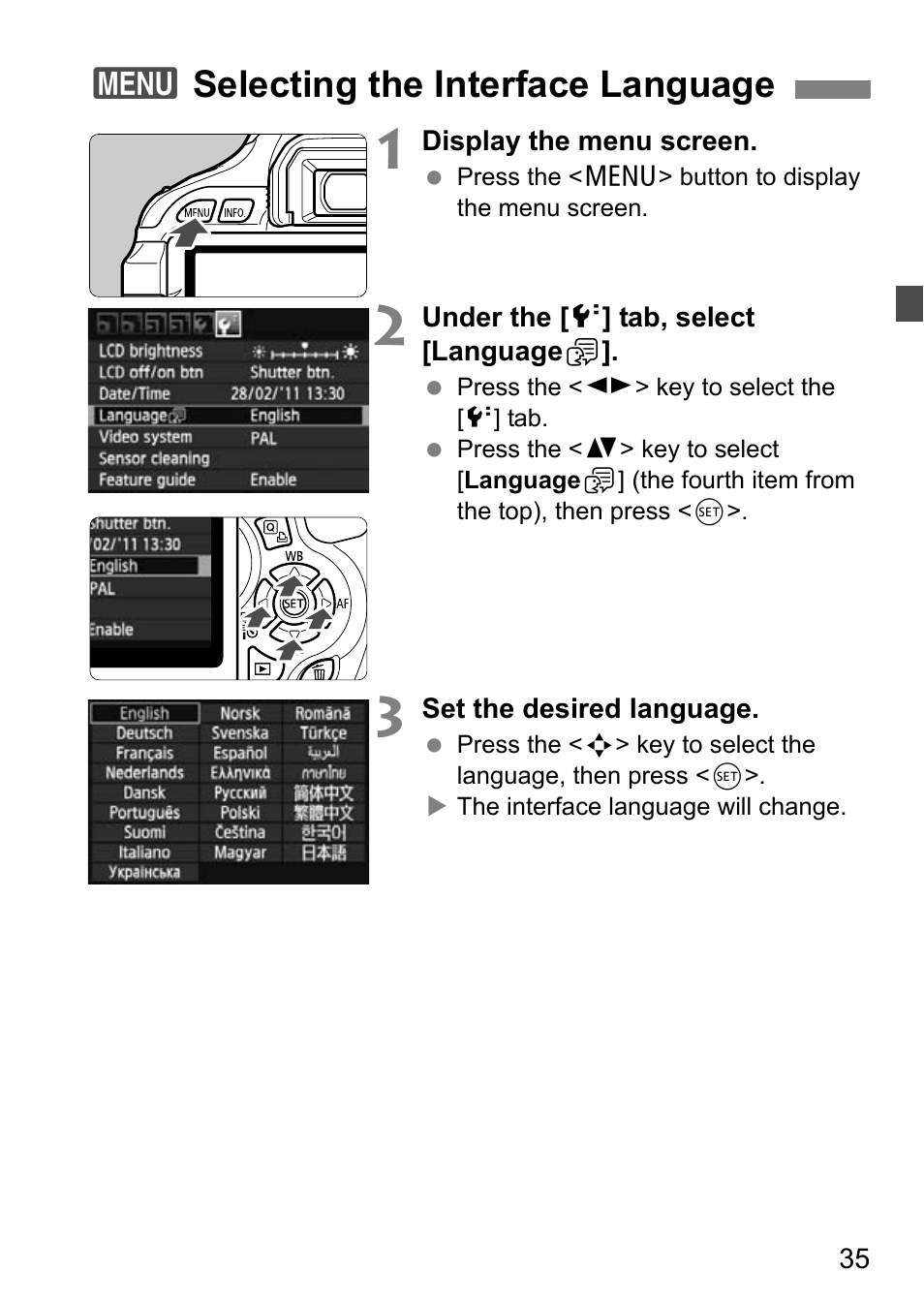 Selecting the interface language, 3selecting the interface language | Canon EOS 600D User Manual | Page 35 / 328