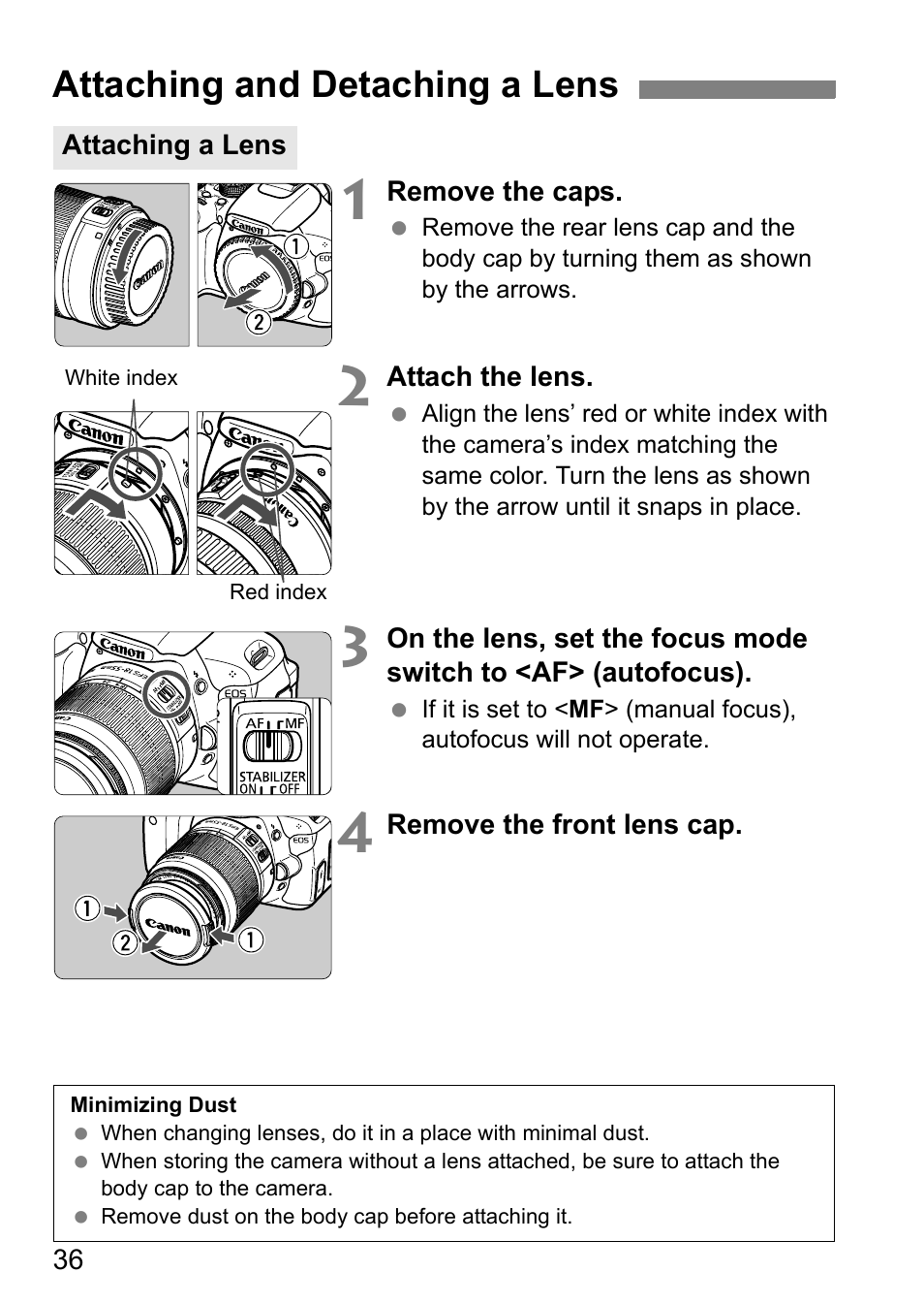 Attaching and detaching a lens | Canon EOS 600D User Manual | Page 36 / 328