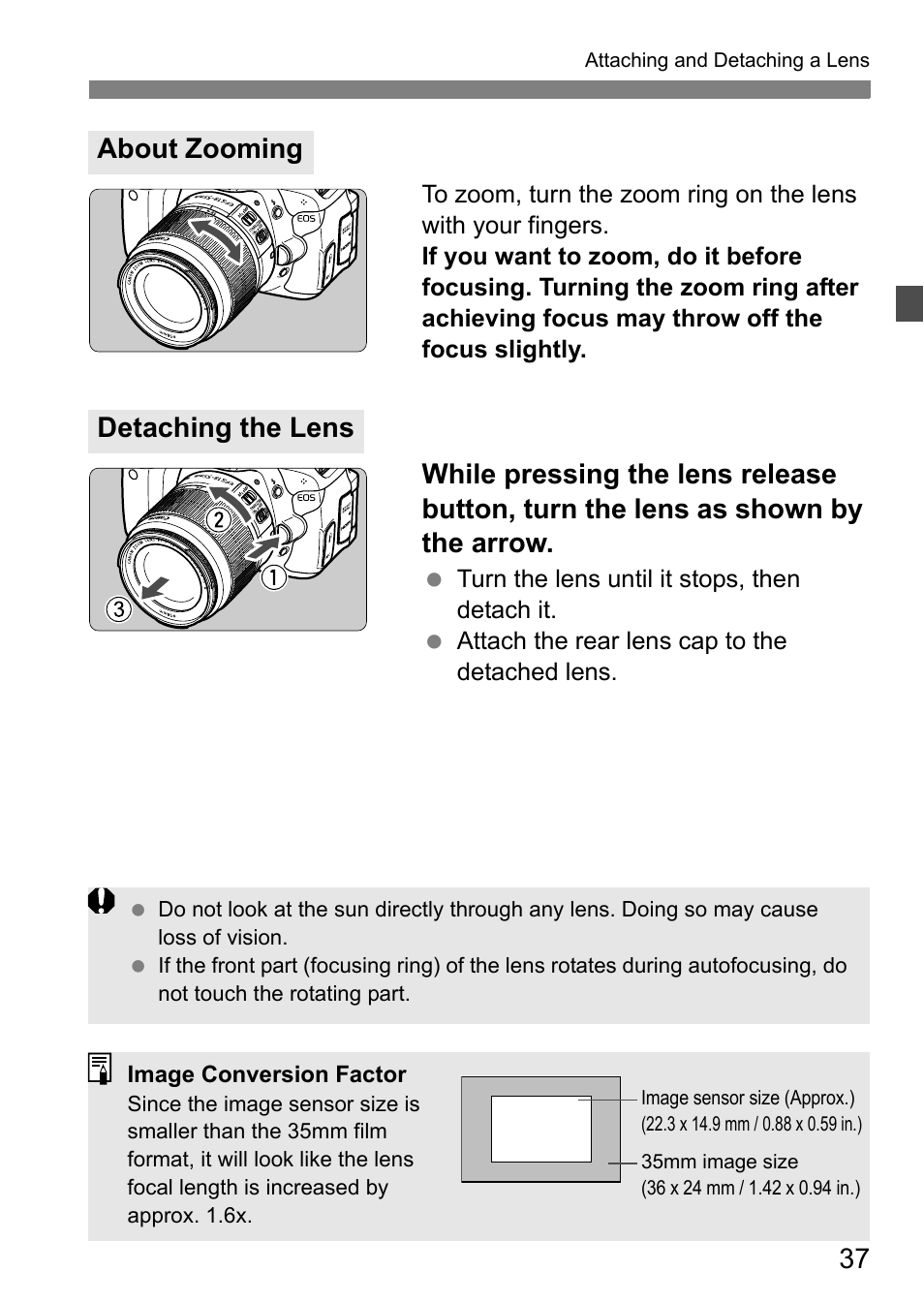 About zooming detaching the lens | Canon EOS 600D User Manual | Page 37 / 328