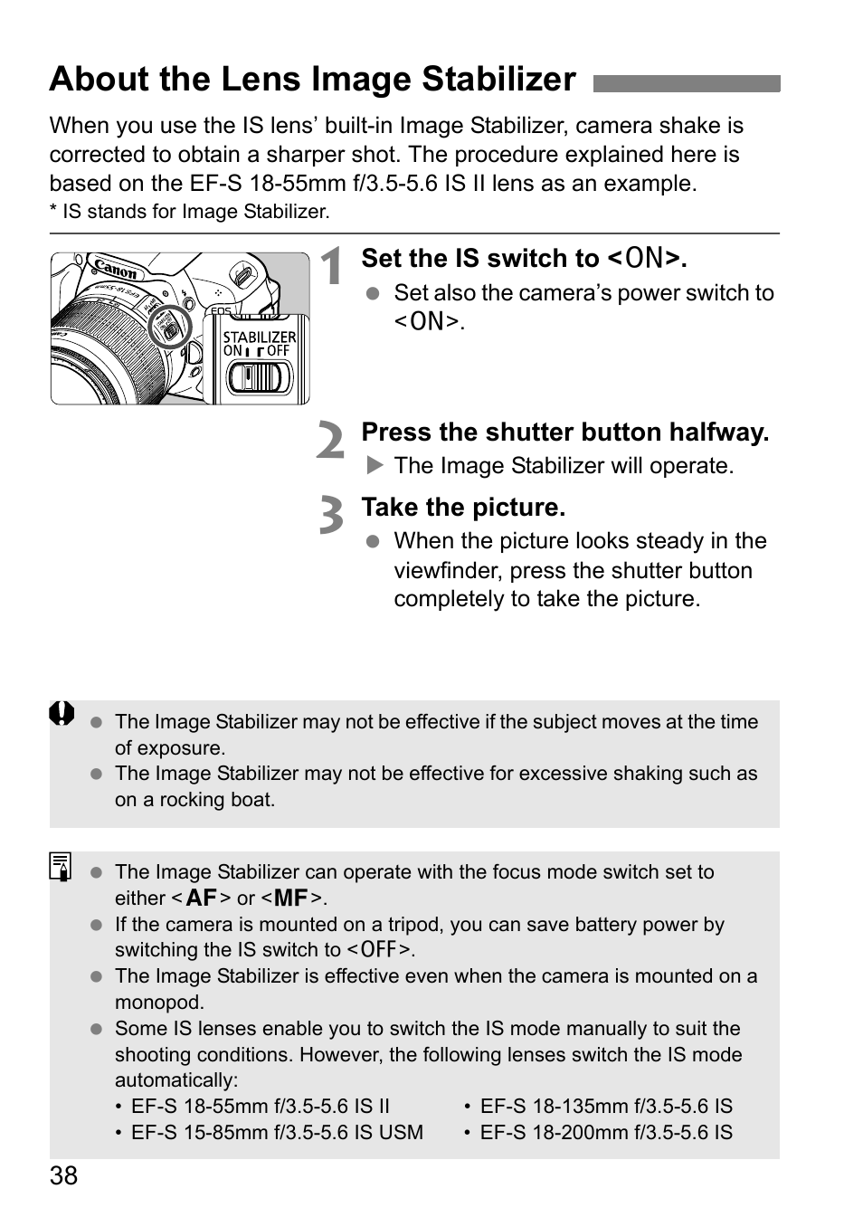 About the lens image stabilizer | Canon EOS 600D User Manual | Page 38 / 328