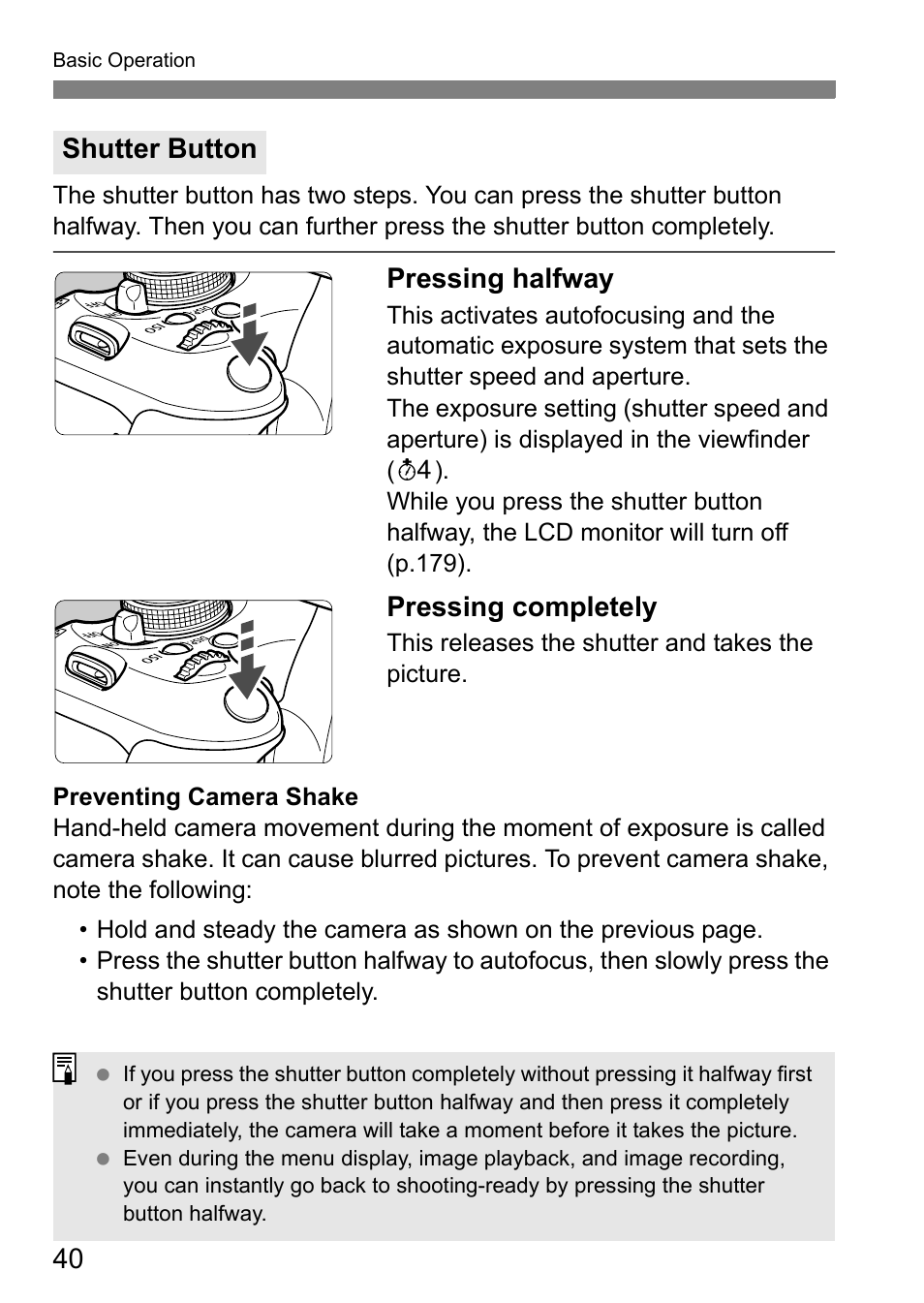 Pressing halfway, Pressing completely, Shutter button | Canon EOS 600D User Manual | Page 40 / 328