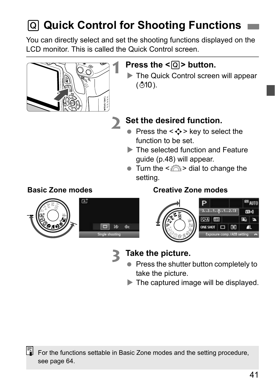 Quick control for shooting functions, Q quick control for shooting functions | Canon EOS 600D User Manual | Page 41 / 328