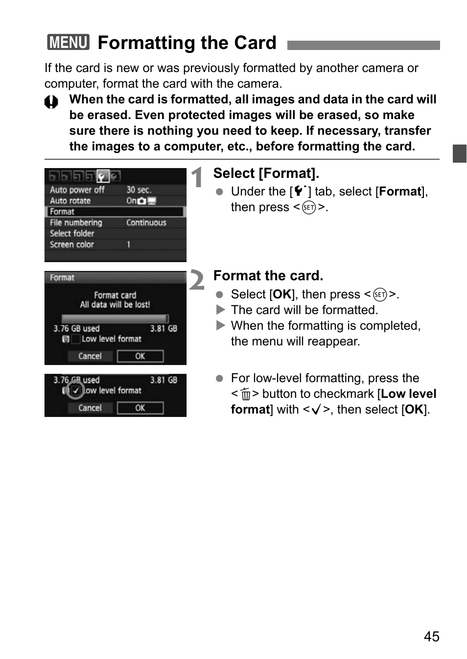 Formatting the card, 3formatting the card | Canon EOS 600D User Manual | Page 45 / 328