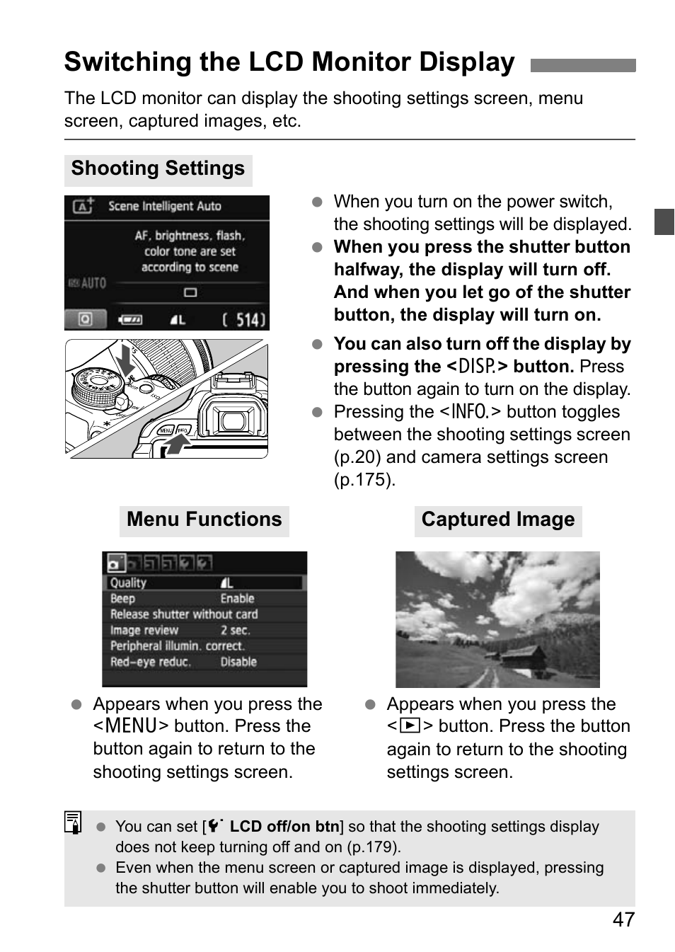 Switching the lcd monitor display | Canon EOS 600D User Manual | Page 47 / 328