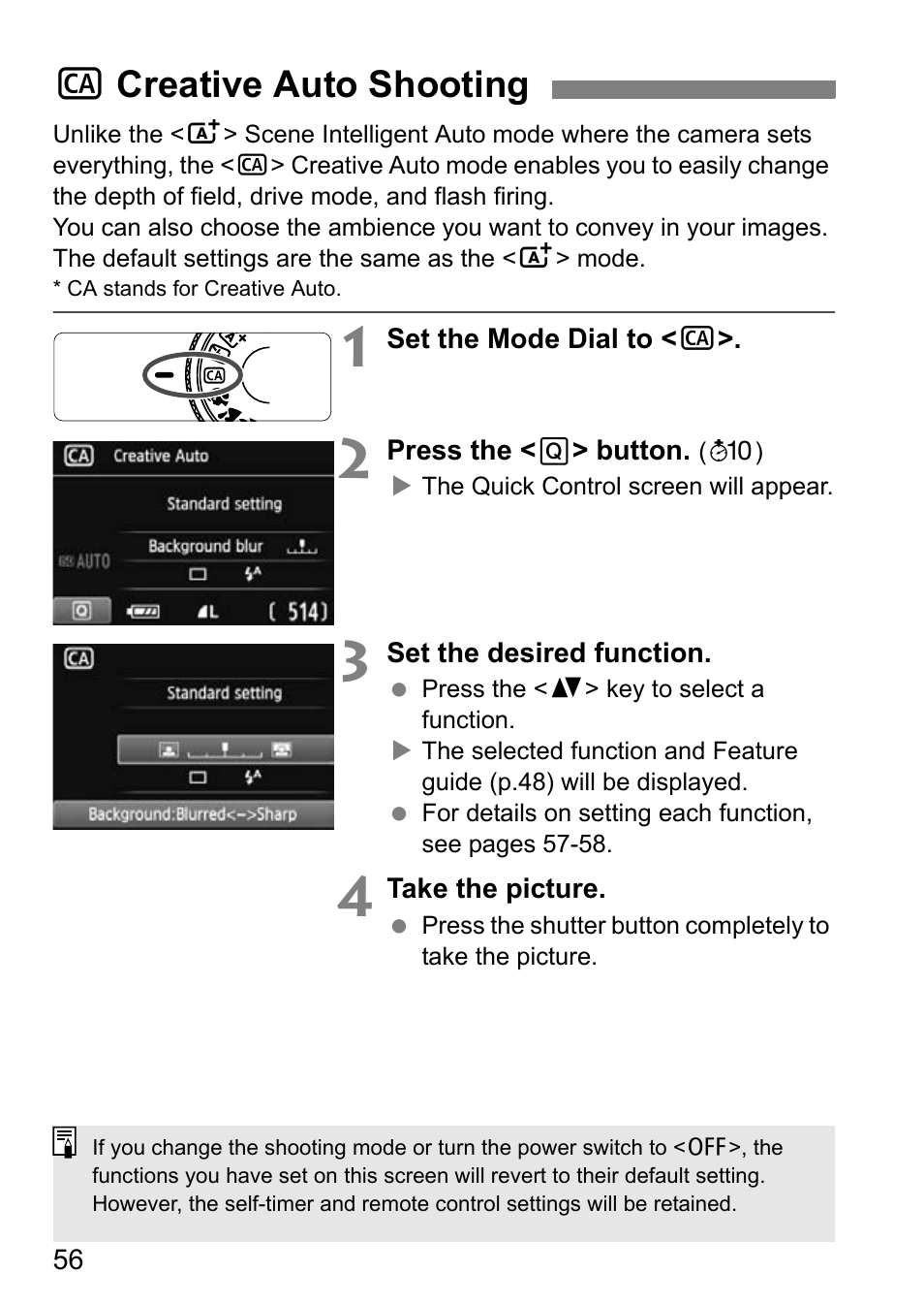 Creative auto shooting, C creative auto shooting | Canon EOS 600D User Manual | Page 56 / 328