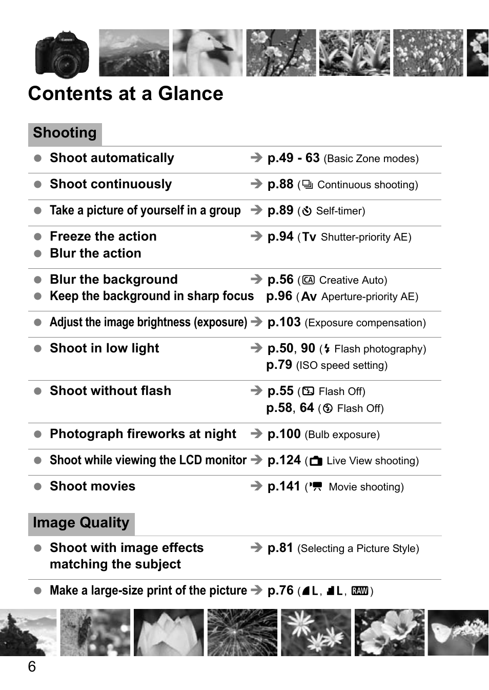 Contents at a glance, Shooting, Image quality | Canon EOS 600D User Manual | Page 6 / 328