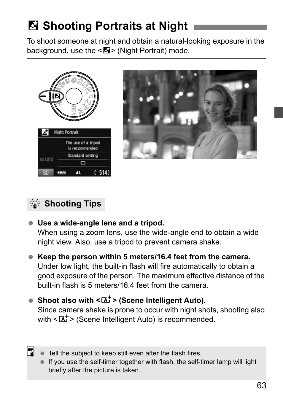 Shooting portraits at night, 6 shooting portraits at night, Shooting tips | Canon EOS 600D User Manual | Page 63 / 328