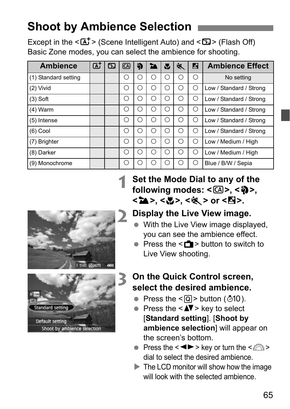 Shoot by ambience selection, Display the live view image | Canon EOS 600D User Manual | Page 65 / 328