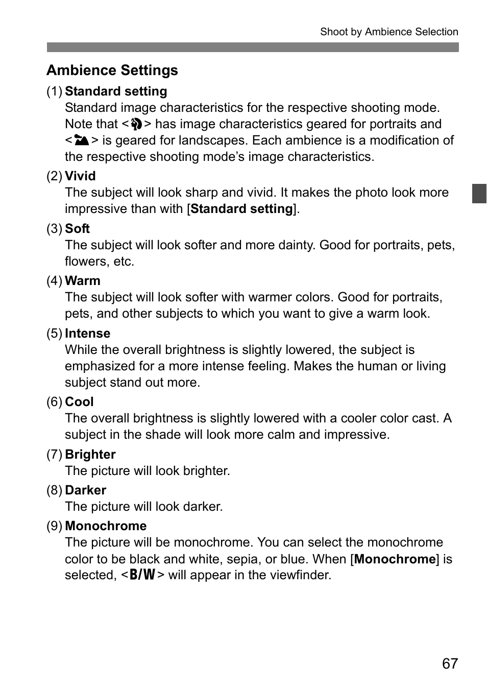 Ambience settings | Canon EOS 600D User Manual | Page 67 / 328