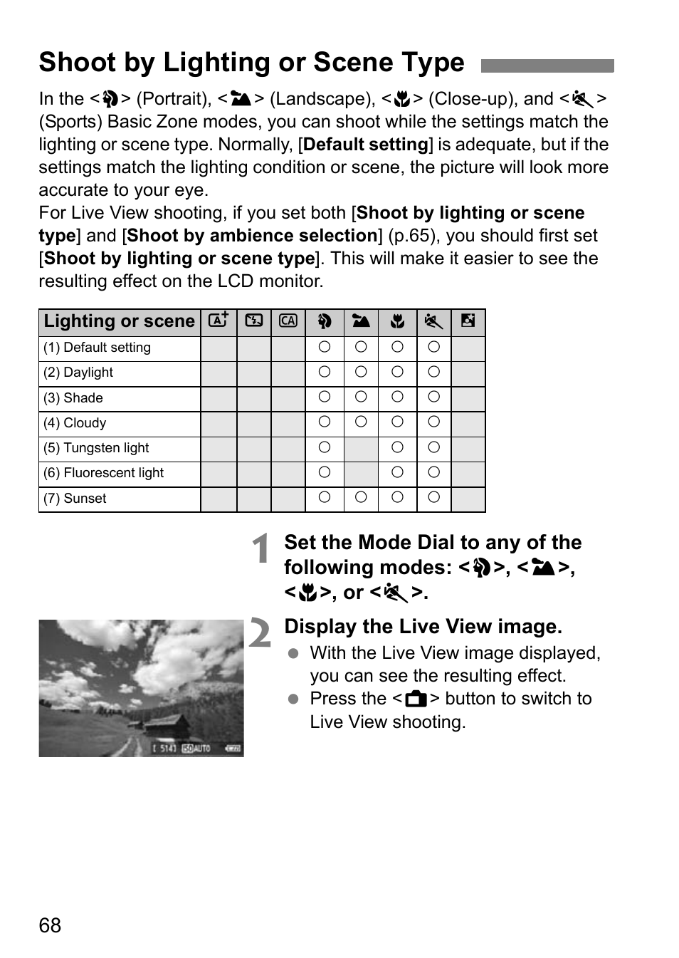 Shoot by lighting or scene type, Display the live view image | Canon EOS 600D User Manual | Page 68 / 328