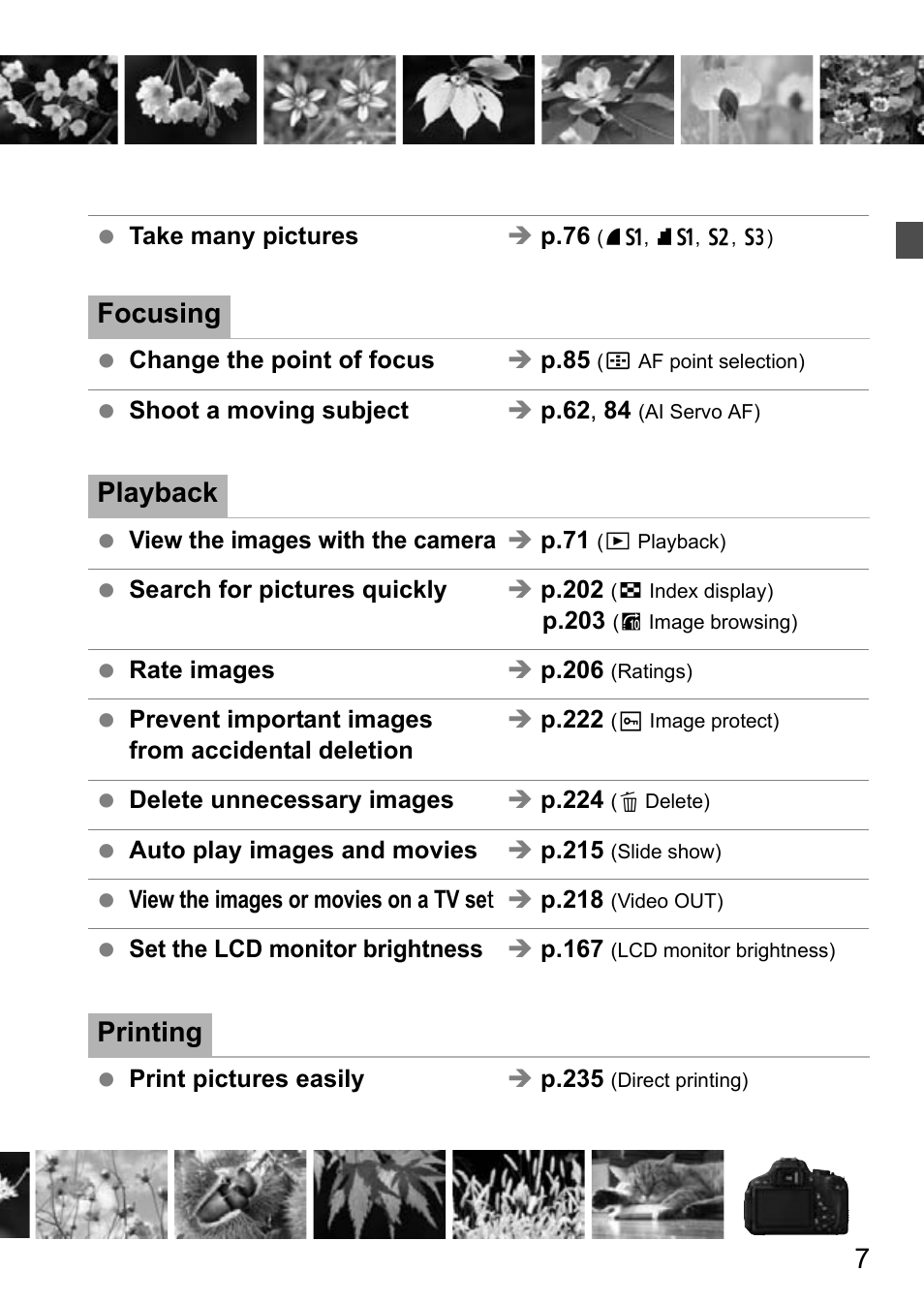 Focusing, Playback, Printing | Canon EOS 600D User Manual | Page 7 / 328