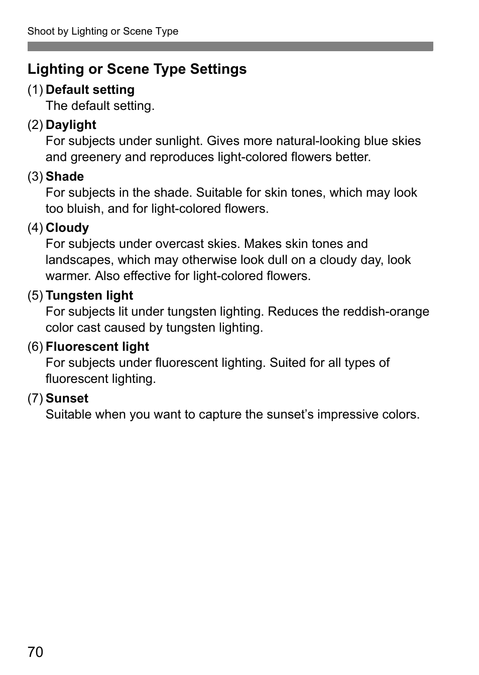 70 lighting or scene type settings | Canon EOS 600D User Manual | Page 70 / 328