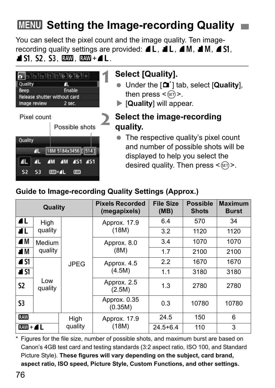 Setting the image-recording quality, 3setting the image-recording quality, Select [quality | Select the image-recording quality | Canon EOS 600D User Manual | Page 76 / 328