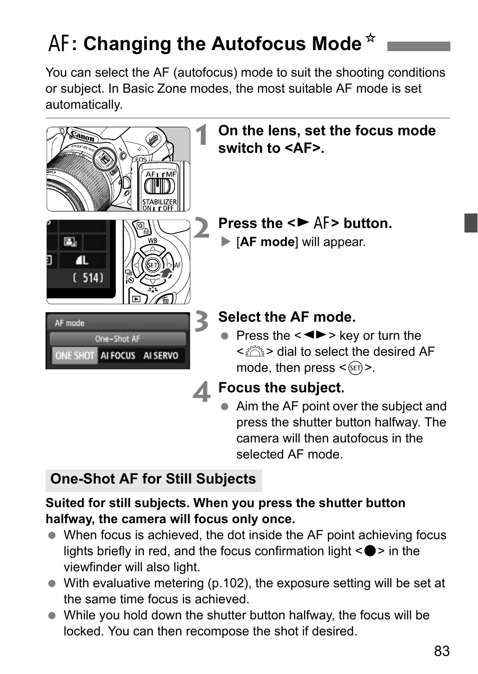 Changing the autofocus mode, E: changing the autofocus mode n | Canon EOS 600D User Manual | Page 83 / 328