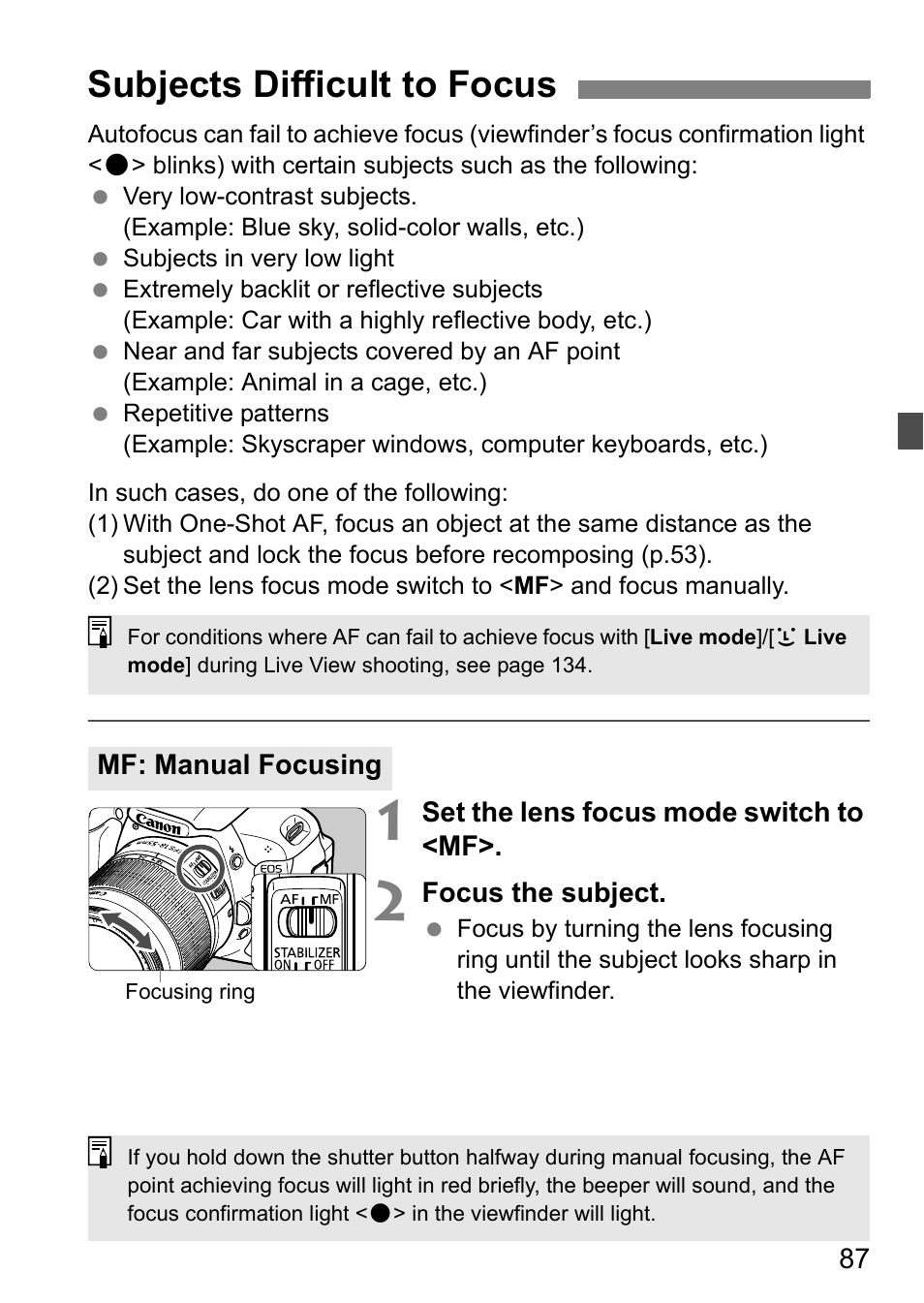 Subjects difficult to focus | Canon EOS 600D User Manual | Page 87 / 328