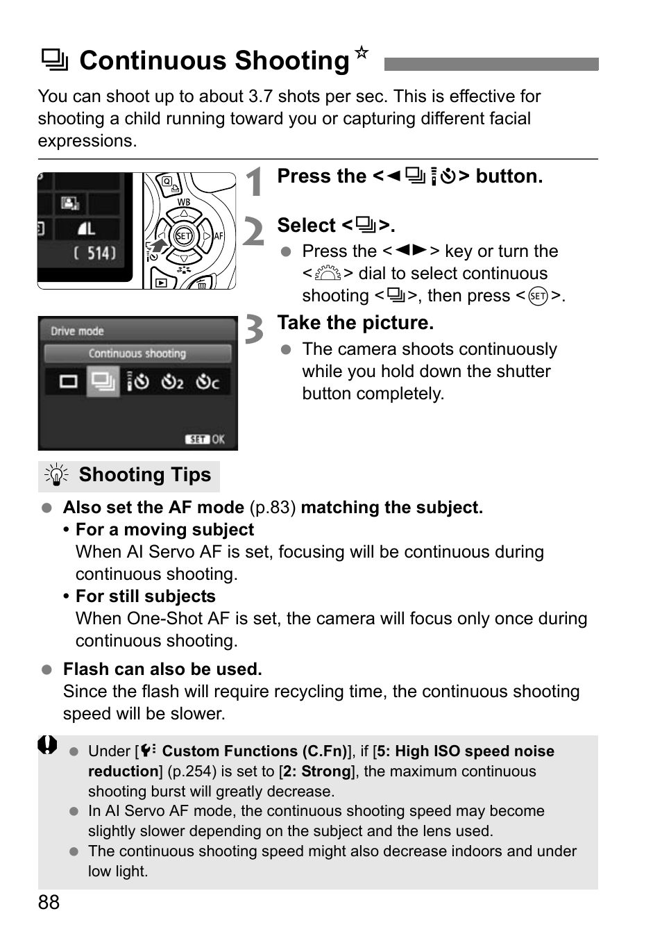 Continuous shooting, Icontinuous shooting n | Canon EOS 600D User Manual | Page 88 / 328