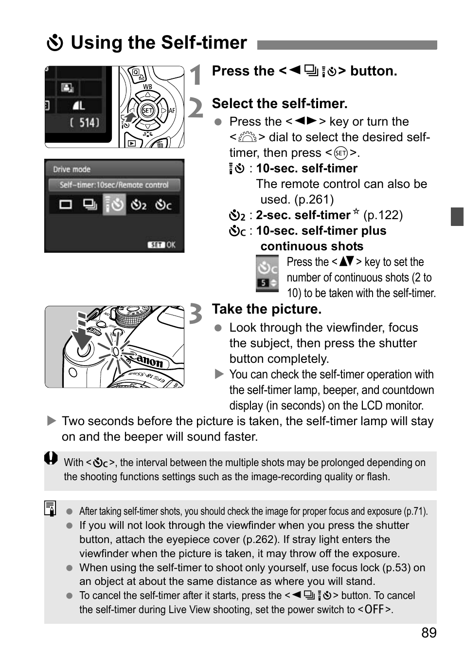 Using the self-timer, Jusing the self-timer | Canon EOS 600D User Manual | Page 89 / 328