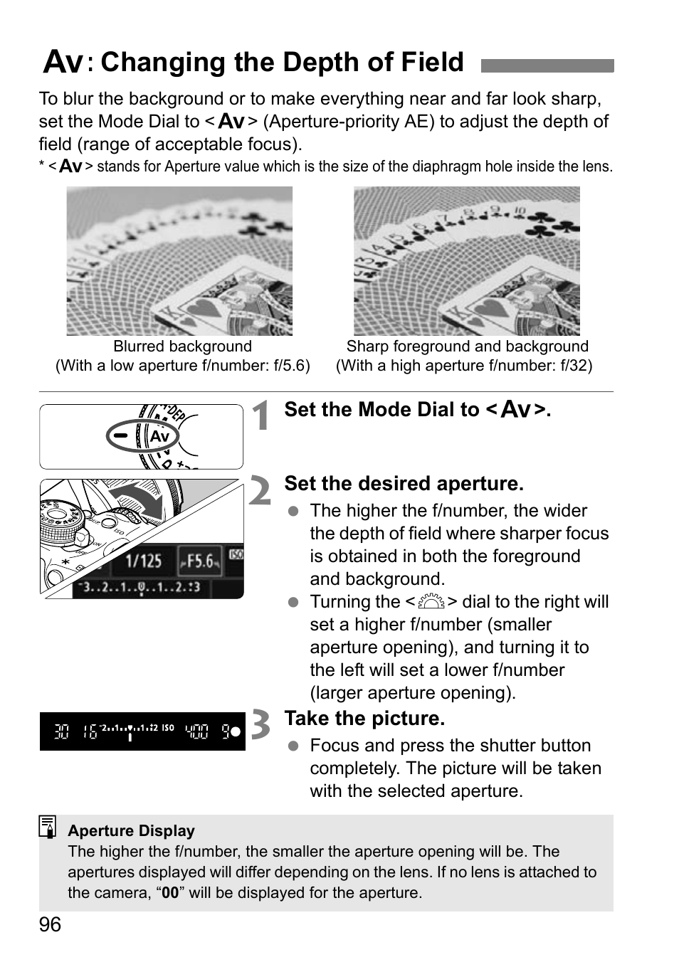 Changing the depth of field, F: changing the depth of field | Canon EOS 600D User Manual | Page 96 / 328