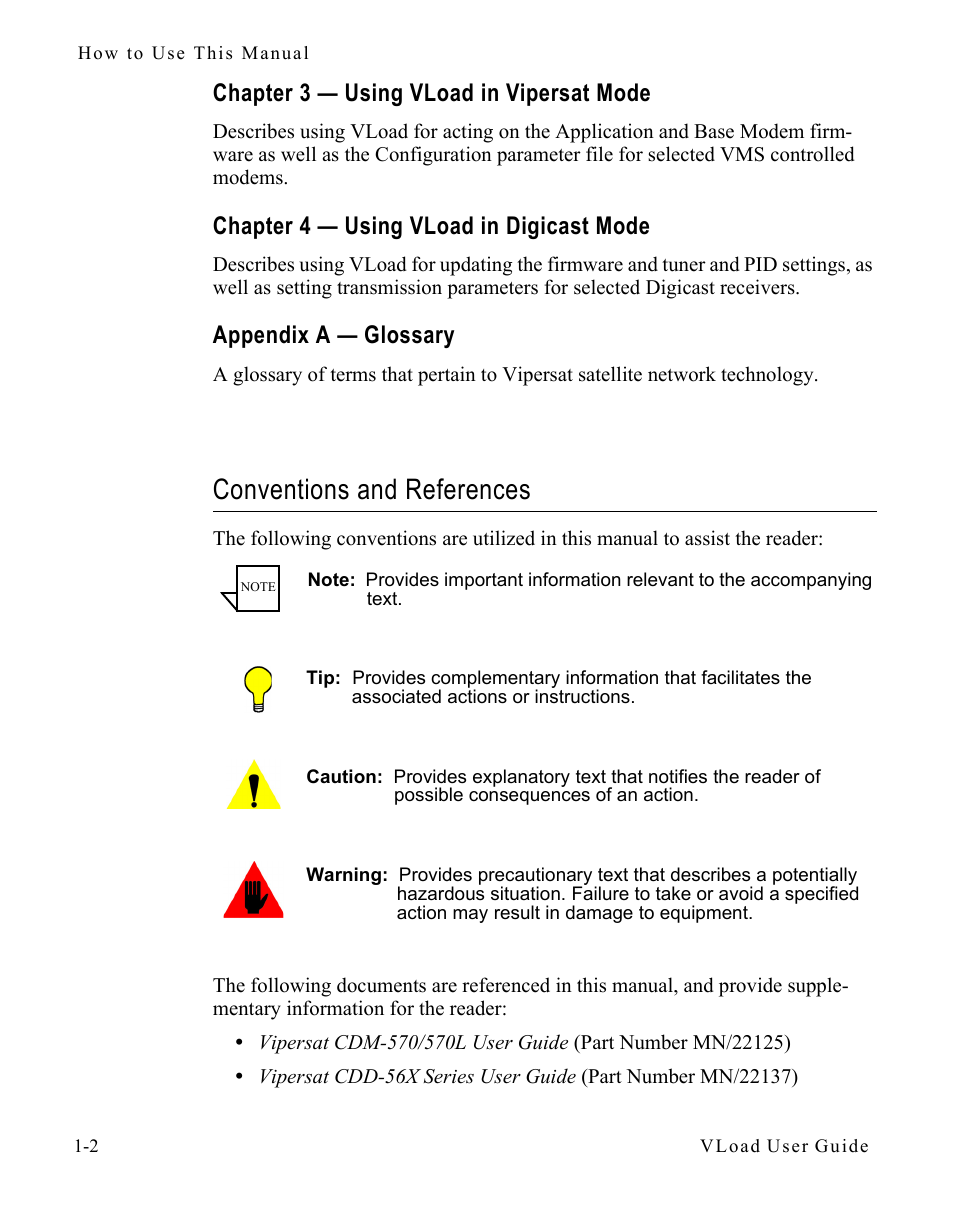 Chapter 3 — using vload in vipersat mode, Chapter 4 — using vload in digicast mode, Appendix a — glossary | Conventions and references, Appendix a — glossary -2, Conventions and references -2, Chapter 3 — using vload in v ipersat mode | Comtech EF Data Vipersat Load Utility v3.5.x User Manual | Page 12 / 106