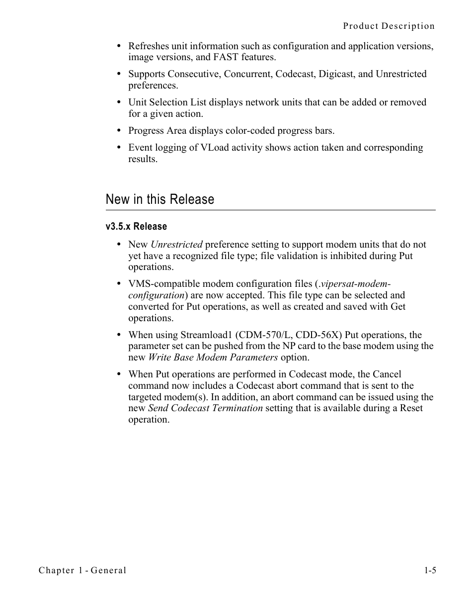 New in this release, V3.5.x release, New in this release -5 | Comtech EF Data Vipersat Load Utility v3.5.x User Manual | Page 15 / 106