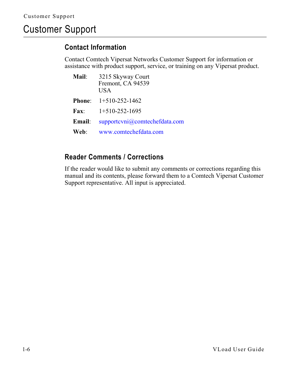 Customer support, Contact information, Reader comments / corrections | Customer support -6 | Comtech EF Data Vipersat Load Utility v3.5.x User Manual | Page 16 / 106