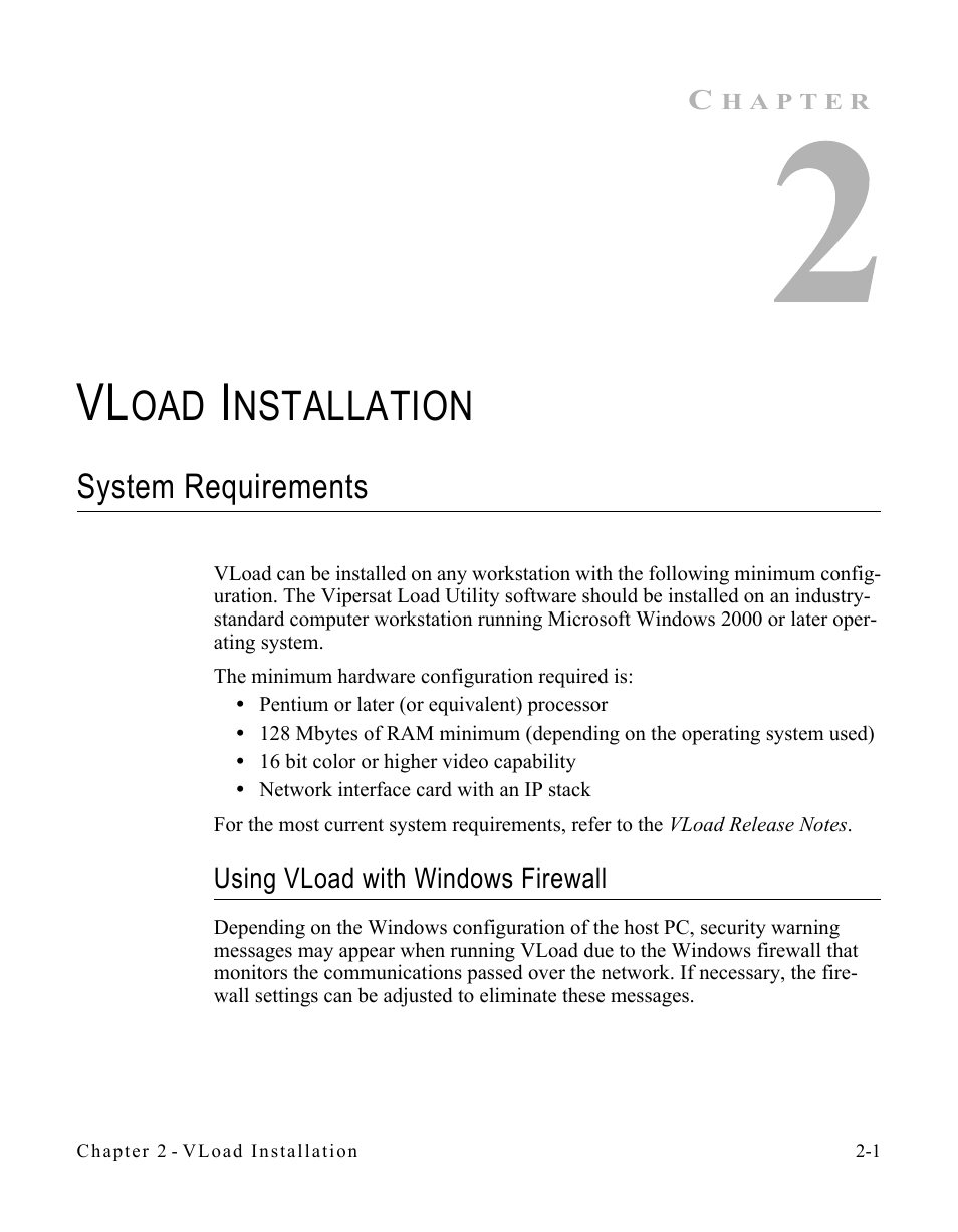 Vload installation, System requirements, Using vload with windows firewall | System requirements -1, Using vload with windows firewall -1, Nstallation | Comtech EF Data Vipersat Load Utility v3.5.x User Manual | Page 17 / 106