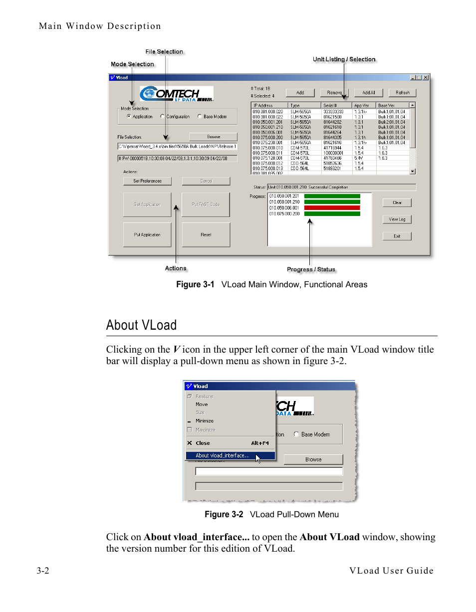 About vload, About vload -2, Figure 3-1 vload main window, functional areas | Figure 3-2 vload pull-down menu -2 | Comtech EF Data Vipersat Load Utility v3.5.x User Manual | Page 26 / 106