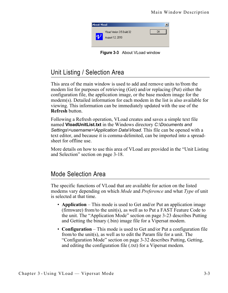 Unit listing / selection area, Mode selection area, Figure 3-3 about vload window -3 | Comtech EF Data Vipersat Load Utility v3.5.x User Manual | Page 27 / 106