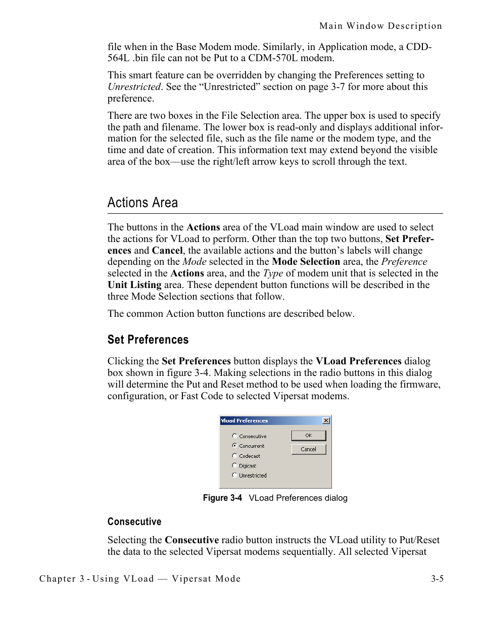 Actions area, Set preferences, Consecutive | Actions area -5, Set preferences -5, Figure 3-4 vload preferences dialog -5 | Comtech EF Data Vipersat Load Utility v3.5.x User Manual | Page 29 / 106