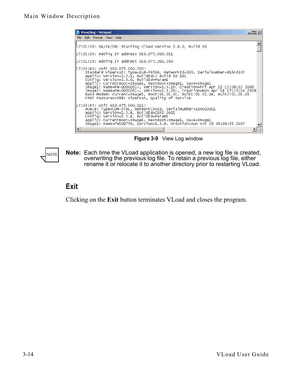 Exit, Exit -14, Figure 3-9 view log window -14 | Comtech EF Data Vipersat Load Utility v3.5.x User Manual | Page 38 / 106