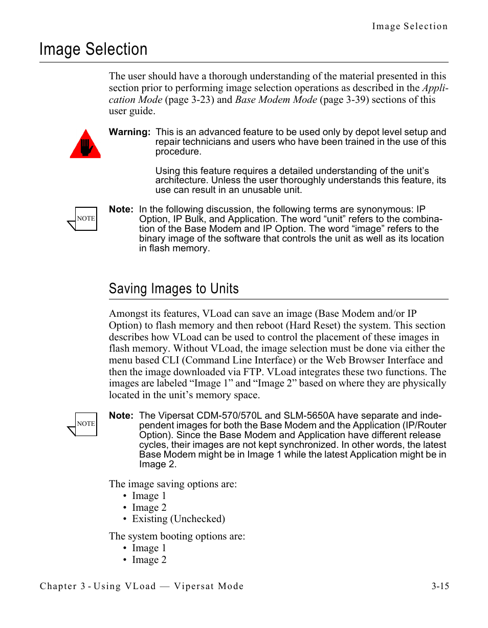 Image selection, Saving images to units, Image selection -15 | Saving images to units -15 | Comtech EF Data Vipersat Load Utility v3.5.x User Manual | Page 39 / 106