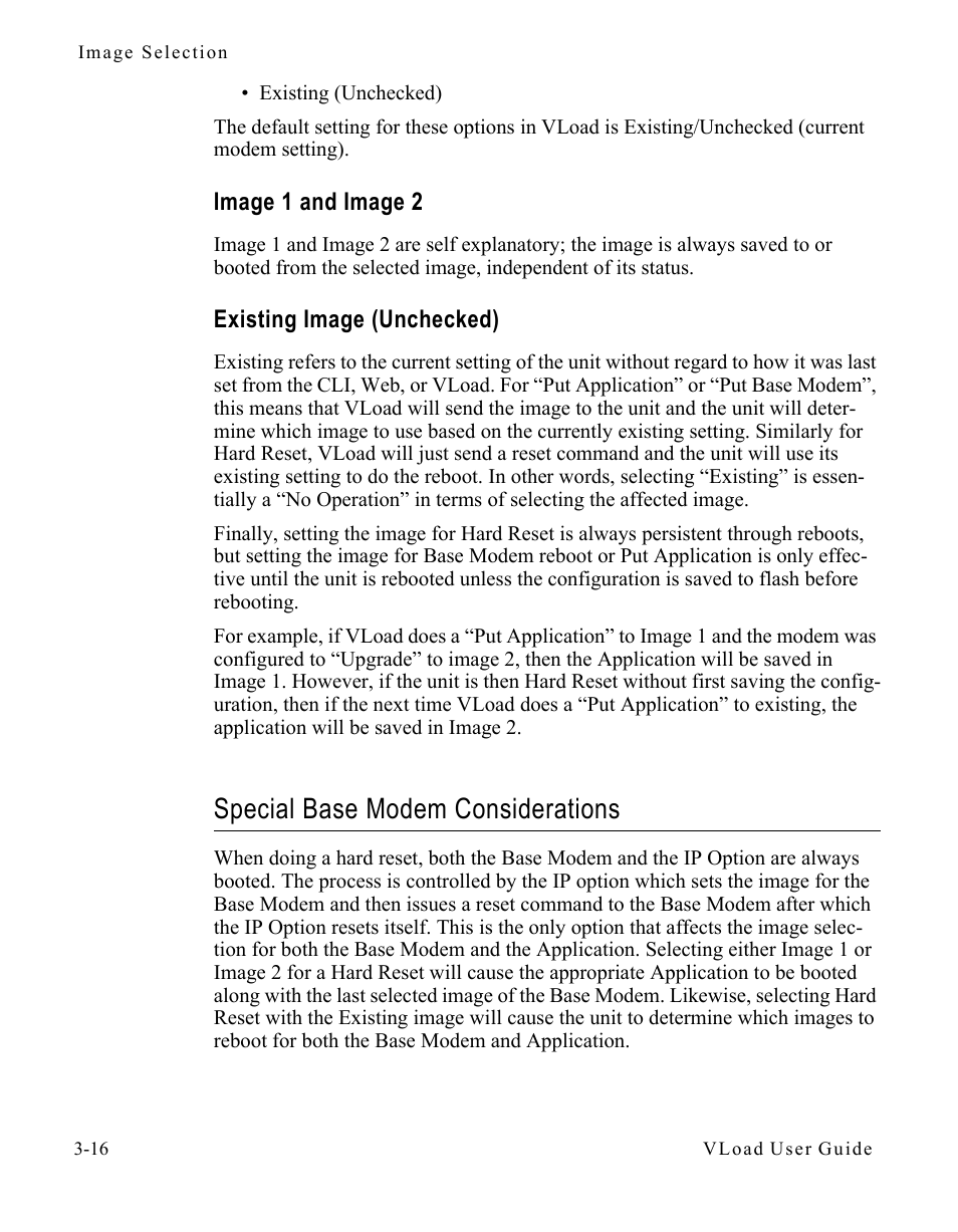 Image 1 and image 2, Existing image (unchecked), Special base modem considerations | Special base modem considerations -16 | Comtech EF Data Vipersat Load Utility v3.5.x User Manual | Page 40 / 106