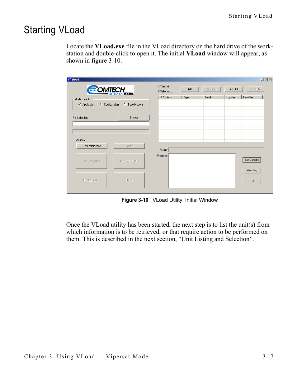 Starting vload, Starting vload -17, Figure 3-10 vload utility, initial window -17 | Comtech EF Data Vipersat Load Utility v3.5.x User Manual | Page 41 / 106